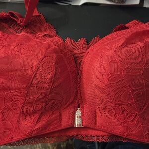 Red Lace Push-Up Bra with Floral Detail
